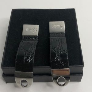 Speidel Black Leather Silver Stainless Steel Strap Cuff Links